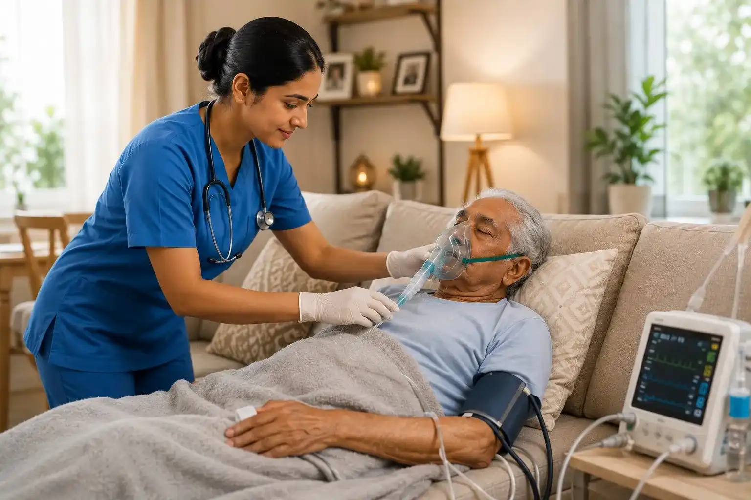 ICU Critical Care Nurse Supporting Patient at Home