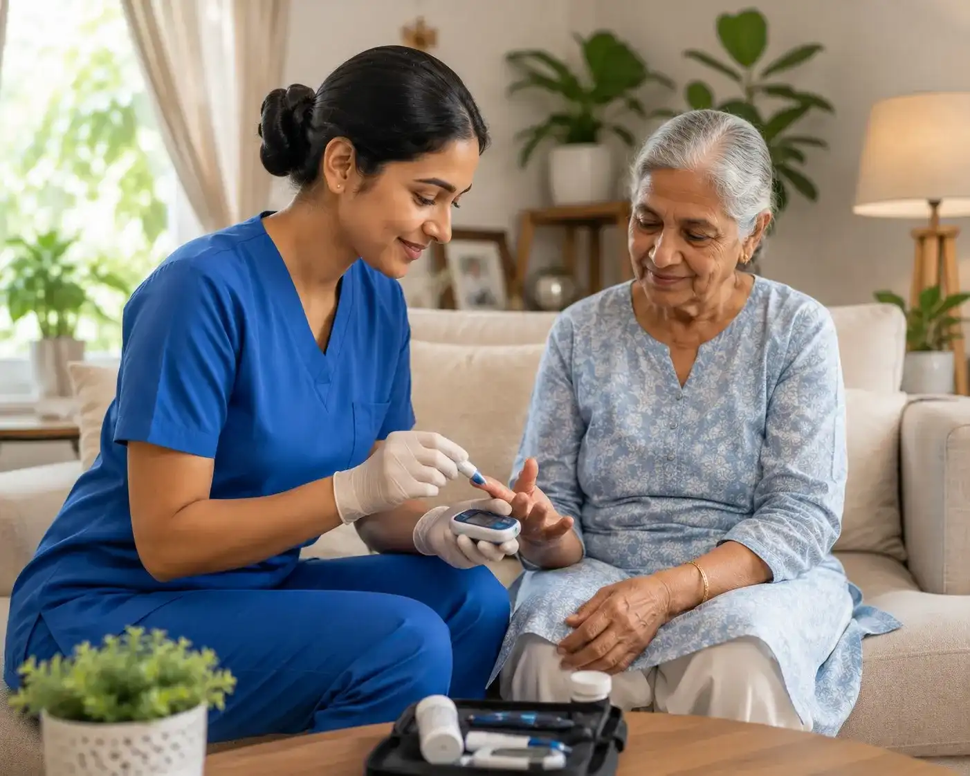 Nurse Monitoring Blood Sugar Level of Diabetes Patient